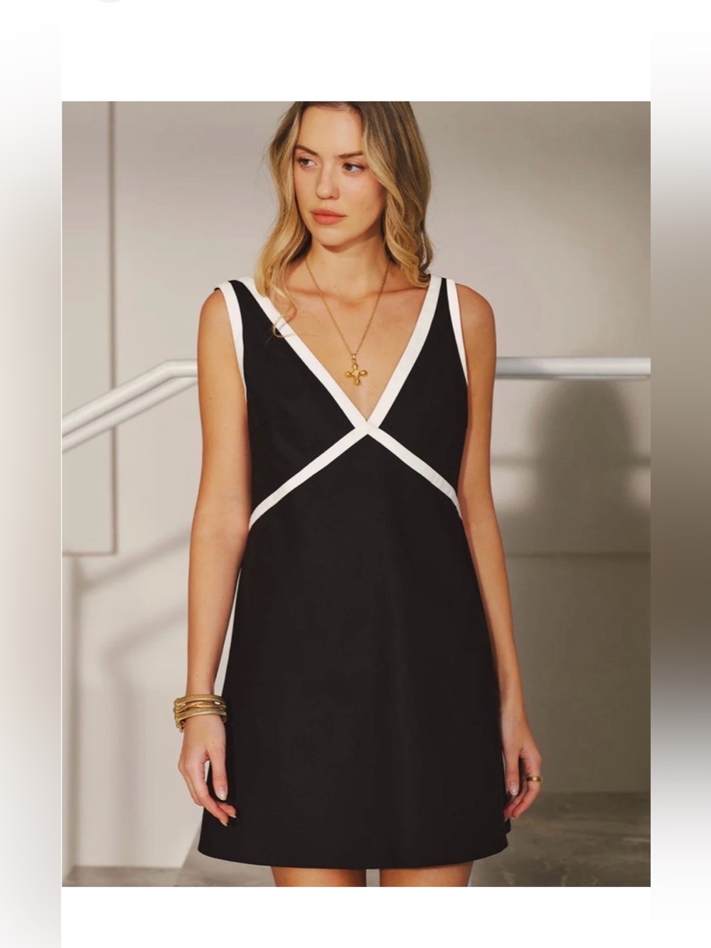 Commense Black Mini Dress with White Trim-Double v neckline-size small-NWT